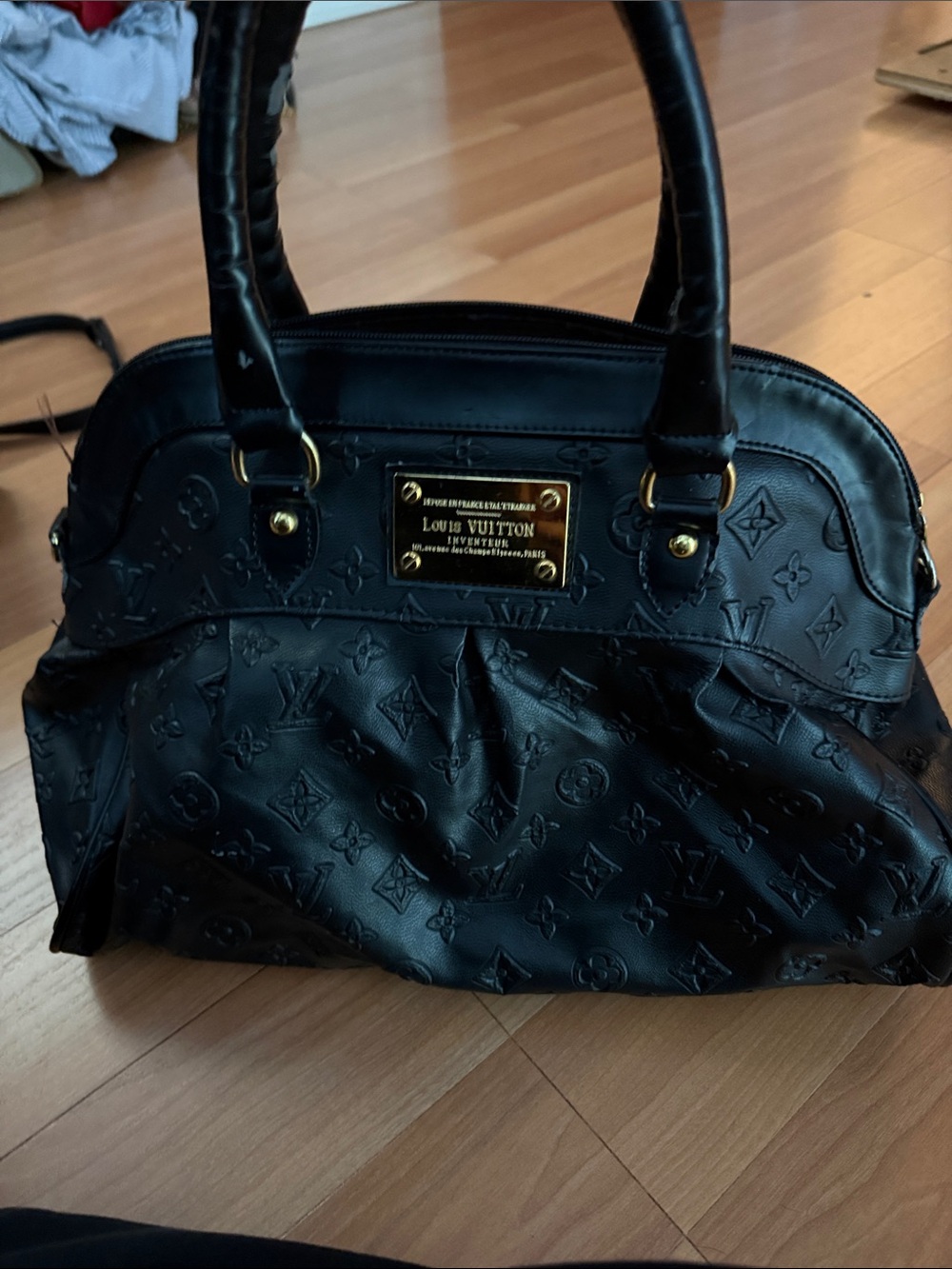LV Black Embossed Monogram Satchel with Gold Plaque